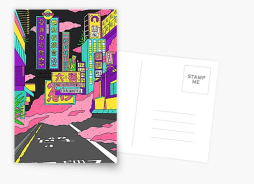The Liquid Neon Postcard by Blue Dog Posters features a neon-lit street scene with colorful signs in an Asian script against a pink sky. Tall buildings and clouds frame the road, which has Japanese characters painted on it. Ideal for your cards collection or to send to friends, the back has standard postcard lines and a "STAMP ME" box.