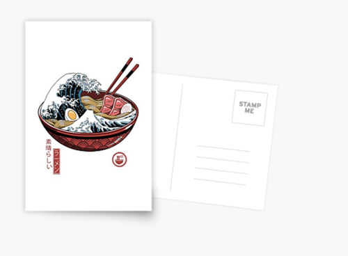 The Great Ramen Wave Postcard by Blue Dog Posters showcases a bowl of ramen with waves reminiscent of the Great Wave off Kanagawa, adorned with chopsticks, egg, and meat. The reverse side provides small spaces for a stamp and address lines. Japanese text and a seal further embellish this unique addition to your cards collection.