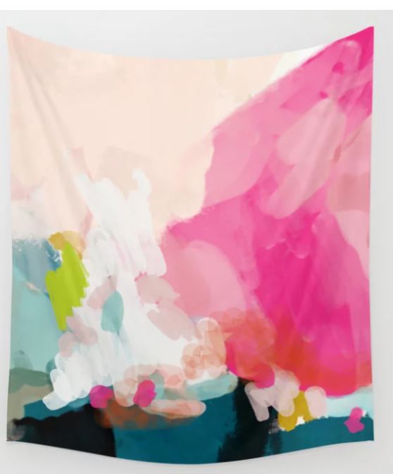 A colorful, abstract wall tapestry with bold brush strokes. The design features vibrant shades of pink, peach, green, blue, and white, creating a dynamic and visually engaging pattern. The tapestry evokes a sense of fluidity and artistic expression. This is the Pink Sky Laluntricotee Art Textile Sml from Blue Dog Posters.