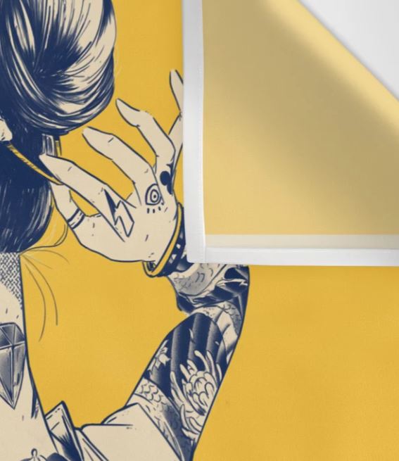 Illustration of a person with long hair tied up in a bun, adorned with tattoos on their arm and wrist, holding a toothpick. Part of the image is curled at the top right corner, revealing a white underside. The La Tinta Art Textile Sml by Blue Dog Posters, ideal for home decor or wall tapestries, is set against a yellow background.