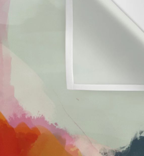 The Paysage Abstract Art Textile Lge by Blue Dog Posters showcases an intricate gradient of warm red, orange, and pink hues at the bottom left, seamlessly transitioning to gentle pastel green shades towards the top. A close-up view reveals a partially peeled back corner that exposes the underlying canvas.