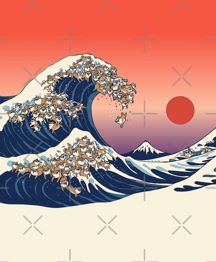 An illustration inspired by "The Great Wave off Kanagawa," depicting a large wave made up of many excited Shiba Inus. The background showcases a vivid red and pink sky, a setting sun, and Mount Fuji. Part of our Homewares Collection, this machine-washable apron from Blue Dog Posters juxtaposes traditional Japanese art with playful canine imagery. Introducing "The Great Wave of Shiba Inu Apron.