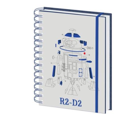 A Blue Dog Posters R2 D2 A5 Spiral Notebook featuring a high-quality hard cover with an illustration of the droid R2-D2 from Star Wars on the front. Perfect for stationery gifts, it also includes a blue elastic band to keep it closed securely.