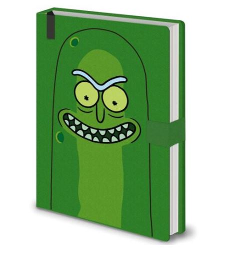 A high quality hard cover green notebook with a drawing of a character resembling a smiling pickle with fierce eyes and visible teeth, the Pickle Rick Premium Notebook by Blue Dog Posters. This premium notebook boasts a black bookmark, an elastic closure band, and a hole near the top left corner of the cover, making it perfect for stationery gifts.