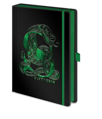 A high quality black notebook with a green Slytherin snake emblem on the cover. The spine and edges of the pages are also green, and there is a green ribbon bookmark attached. This premium Harry Potter Slytherin Foil Prem Notebk by Blue Dog Posters makes an excellent addition to any stationery gifts collection.