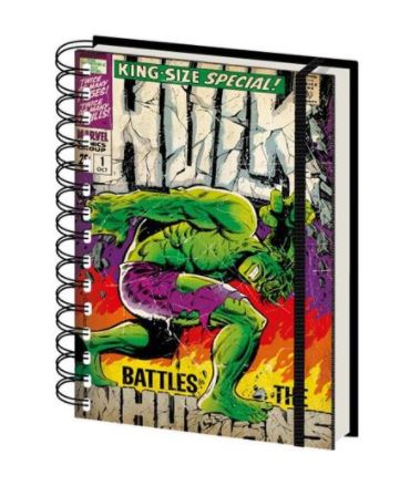 A high-quality hardcover Marvel Comics Hulk A5 Spiral Notebook by Blue Dog Posters features a retro-style comic book cover of the Hulk in a battle pose. Bold text reads "King-Size Special!" at the top, with the background filled with vibrant flames and shattered debris.