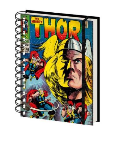 A high-quality Marvel Comics Thor A5 Spiral Notebook from Blue Dog Posters featuring a vintage comic book design of The Mighty Thor. The cover displays multiple images of Thor in action, with a prominent illustration of his face wearing a winged helmet at the center—perfect for stationery gifts.