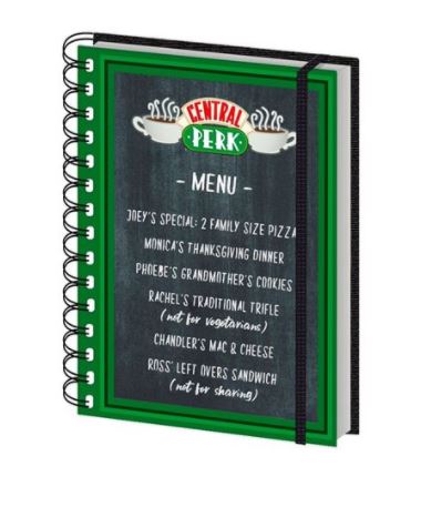 A Friend's Central Perk A5 Spiral Notebook with a hard cover in green and black resembles a café menu board. The cover displays "Central Perk Menu" at the top and lists seven fictional dishes inspired by popular TV show characters. Ideal for stationery gifts, it includes a black elastic band to keep the notebook closed.