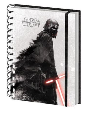 A high-quality Blue Dog Posters Star Wars IX Kylo A5 Spiral Notebk features a cover image of a Star Wars character dressed in black armor with a helmet, holding a red lightsaber. The character stands against a smoky, white backdrop with the Star Wars logo near the top left corner.