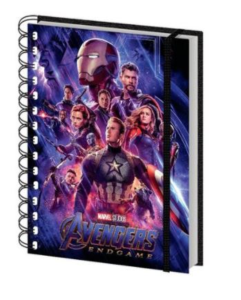 Avengers Endgame A5 Spiral Notebook by Blue Dog Posters featuring a high-quality hard cover with characters from the movie "Avengers: Endgame," including Iron Man, Captain America, and others in dynamic action poses, set against a cosmic background. Perfect for Stationery Gifts, the title "Avengers: Endgame" is prominently displayed.