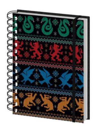 Part of our high-quality Stationery Gifts Collection, the Blue Dog Posters Harry Potter Emblems A5 Spiral Notebook boasts a colorful cover with mythical creatures like serpents, griffins, and dragons in green, red, blue, and brown on a black background with decorative patterns.