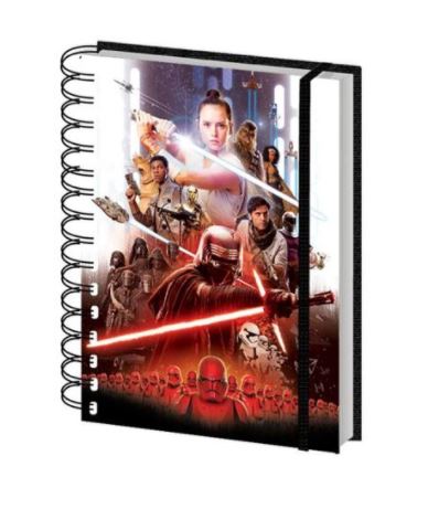 A Star Wars Episode IX A5 Spiral Notebook featuring vivid artwork from Star Wars, part of our Stationery Gifts Collection by Blue Dog Posters. The high quality hard cover showcases multiple iconic characters, including Rey wielding a lightsaber, Kylo Ren with his red saber, stormtroopers, and other familiar figures from the series.
