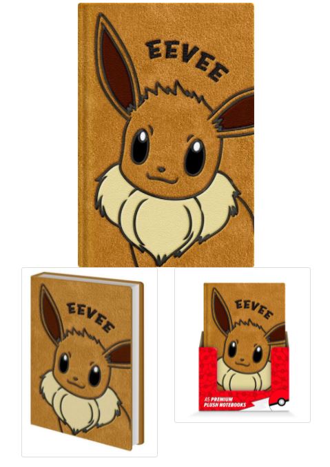 An image of the A5 Premium Plush notebook - Eevee by Blue Dog Posters, showcasing a brown plush cover featuring a design of Eevee, the Pokémon character, with "EEVEE" written above its face. This high-quality stationery gift includes three views: front, side, and the notebook inside its packaging.