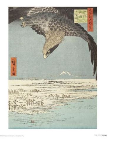 A traditional Japanese woodblock print depicting a majestic eagle soaring over a vast landscape. Below, a snowy field stretches out with small, sparse trees dotting the scene. In the distance, a mountain range is visible under a clear sky—perfect for large classic art prints on premium matte art paper like Blue Dog Posters' Hiroshige - Jumantsubo Fukagawa 40x50cm.