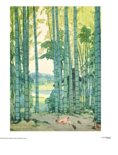 Illustration of a serene bamboo forest with tall green stalks. A rabbit and a small piglet lie on the ground, surrounded by scattered items and leaves. Soft light filters through the bamboo, illuminating the scene with a calming ambiance. This peaceful setting is perfectly captured in the Hiroshi Yoshida- Bamboo Grove 60x80cm by MEZ 030.