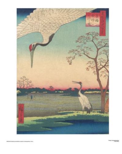 A traditional Japanese woodblock print, perfect as a scenic art print, called Hiroshige - Kanasugi Mikawashima 40x50cm from Blue Dog Posters depicts two cranes in a serene landscape. One crane is flying overhead while the other stands near a pond with trees in the background. The scene is colored with pastel hues of blue, green, and pink.