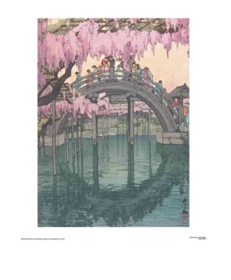 A traditional Japanese woodblock print, "Hiroshi Yoshida - Kameido Bridge" by MEZ 032, depicts several people crossing a curved stone bridge over a reflective water body, surrounded by blooming pink wisteria flowers. The serene scene captures the beauty of nature and architecture harmoniously.