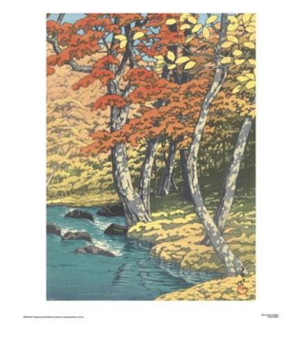 An image showcasing a serene autumn landscape with trees displaying red and yellow leaves. The trees line a gently flowing river with rocks scattered along the water. Printed on premium matte art paper, the scene is bright and colorful, evoking a peaceful and tranquil atmosphere. This artwork is titled Hasui - Autumn at Oirase 60x80cm by MEZ 035.
