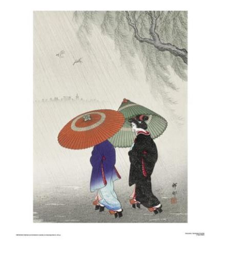 A Japanese woodblock print depicts two women walking in the rain under large umbrellas. Both are dressed in traditional clothing and appear to be using geta sandals. The background shows blurred trees and rainfall, giving a sense of motion and atmosphere, making it a perfect piece for those seeking **Ohara Koson - Two Women in Rain 40x50cm by Blue Dog Posters**.