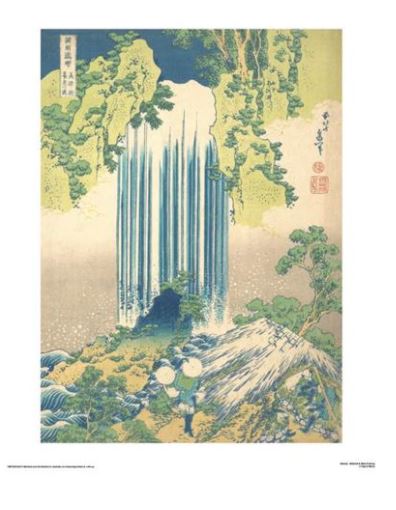 An ukiyo-e style woodblock print depicting a tall waterfall cascading down a cliff surrounded by green trees. At the bottom, two figures in traditional Japanese attire stand beside an arched rock bridge over a stream. This piece is our Hokusai - Waterfall in Mino Prov 60x80cm by MEZ 023 from the Large Classic Art Prints collection on Premium Matte Art Paper.