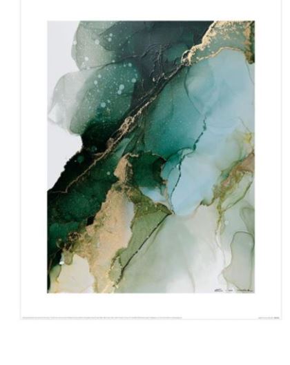 A modern abstract art print featuring flowing shades of green, black, and gold. The image showcases organic, overlapping shapes with splashes and streaks of color, giving a sense of fluidity and depth. This Charlotte Vale - Envy from Y exudes a serene, harmonious feel.