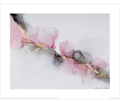The Charlotte Vale - Tickled Pink art print by Y features a fluid, organic design with swirling shades of pink, gray, black, and hints of gold. The colors blend and merge, creating a soft and dreamy effect. Part of the Decor Series Collection, this artwork has a contemporary and ethereal feel.