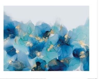Introducing the Charlotte Vale - Calm Golden Waters by Brand Y, an abstract watercolor painting featuring shades of blue and teal seamlessly blending together, accented with hints of gold and green. As part of our Decor Series Collection, the brushstrokes form a fluid, floral-like pattern that evokes a sense of calm and movement against a predominantly light gray background.