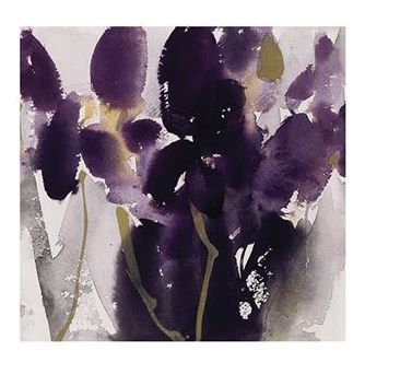 The "David Ross - Siberian Iris" by GAL253 features an abstract watercolor print of purple flowers with green stems, gently merging into a soft gray and white background. Printed on matte art paper, this piece from the decor series radiates an impressionistic effect.