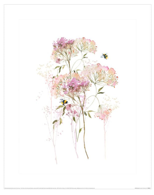 The "Summer Thornton Wild Meadow" art print by Blue Dog Posters showcases a minimalist botanical design with delicate pink and white flowers accompanied by green stems. Two bumblebees hover near the blossoms against a crisp white background, adding a lively touch to this elegant flora-themed composition, making it an ideal addition to your small decor series.