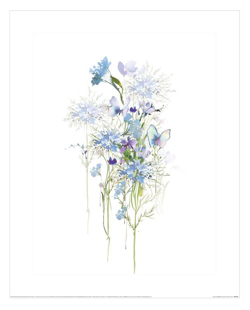 The "Summer Thornton Love in the Mist" by Blue Dog Posters is a delicate watercolor painting that depicts an arrangement of light blue and purple flowers intermixed with soft green stems and leaves. As part of our Decor Series, this beautiful art print features detailed petals, giving a sense of gentle movement and lightness, all set against a white background.