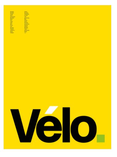 The "Velo (Yellow)" print by Monument Studio, available from Blue Dog Posters, features a bright yellow background with the word "Vélo." in bold black letters near the bottom. There is a small, tilted white rectangle above the "é," and a tiny green square positioned at the bottom right next to the "o." This minimalist cycling-themed art piece is printed on premium quality Matte Art Paper.