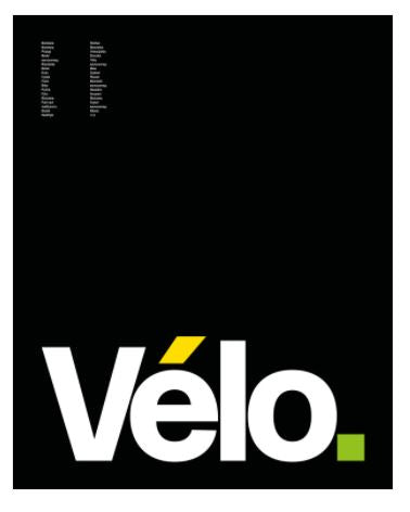 The image showcases a minimalist design with a black background. The text "Vélo." is prominently displayed in large, bold, white letters at the bottom, with the accent on the "é" in yellow. Small gray text is placed near the top left, making this cycling-themed art print, "Velo (Black)" by Monument Studio from Blue Dog Posters, a striking addition to any decor series collection.