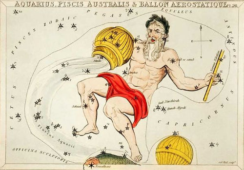 Introducing the Vintage Zodiac 14x19.5cm Aquarius illustration from Blue Dog Posters. This artwork features an elderly, bearded man pouring water from an urn while seated with a red draped cloth and holding a staff. Surrounding him are various stars and constellations labeled with their Latin names. Part of our Astrology Themed Decor Series Collection, it’s a perfect piece for any astrology enthusiast.