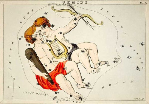Vintage astronomical illustration of the Gemini constellation, depicting the twin figures Castor and Pollux. They are shown holding hands and wearing ancient Greek garments with stars marked on their bodies and surrounding areas. An ideal piece for a Blue Dog Posters Vintage Zodiac 14x19.5cm Gemini in your Decor Series Collection.