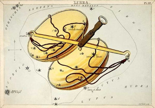An antique illustration depicting the zodiac sign Libra as a balanced scale. The scales are golden and connected by a detailed handle. Surrounding the scales are small, labeled stars marking other zodiac constellations such as Scorpio and Virgo, making it a beautiful Blue Dog Posters Vintage Zodiac 14x19.5cm Libra perfect for small decor or an astrology themed space.