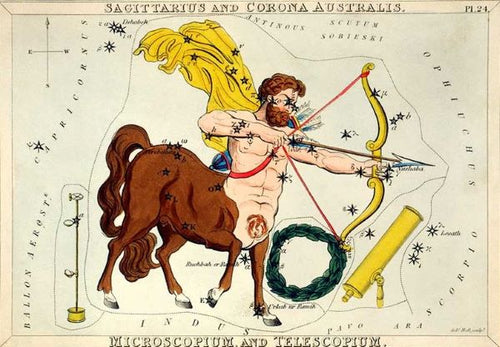 A vintage celestial map illustration showing Sagittarius as a centaur archer aiming a bow and arrow toward the right. Stars and constellations like Corona Australis and nearby telescopic symbols surround the image, with Latin labels identifying key features. Perfect for an astrology-themed art collection or Blue Dog Posters' Vintage Zodiac 14x19.5cm Sagittarius.