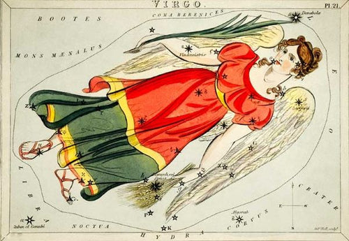 The Vintage Zodiac 14x19.5cm Virgo by Blue Dog Posters is a charming illustration featuring the Virgo constellation, with a winged woman in a flowing red and green gown resting among the stars. As part of our Small Decor Series, this astrology-themed piece also displays surrounding constellations such as Bootes and Libra, showcasing stars forming mythological figures.