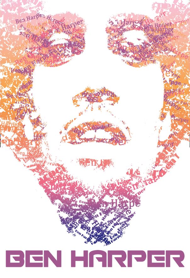 Stylized portrait of a person's face created with text. The text consists of repetitions of the name "Ben Harper" in varying sizes, forming the facial features. The colors are shades of pink, orange, and purple. "Ben Harper - Names" by MUS 187 is also written at the bottom, resembling a vibrant pop poster from a music collection.