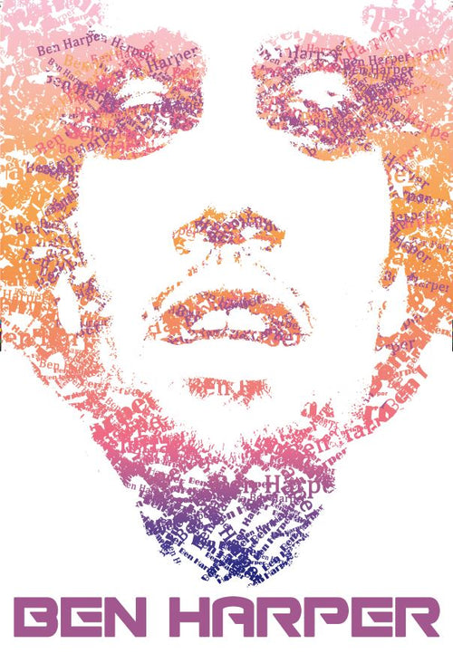 Stylized portrait of a person's face created with text. The text consists of repetitions of the name "Ben Harper" in varying sizes, forming the facial features. The colors are shades of pink, orange, and purple. "Ben Harper - Names" by MUS 187 is also written at the bottom, resembling a vibrant pop poster from a music collection.