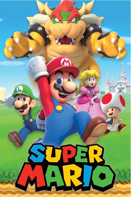Promotional image for "Super Mario - Bowser" featuring Mario in the center, with Luigi, Princess Peach, and Toad beside him. In the background, Bowser looms large with a menacing stance. The title "SUPER MARIO - BOWSER" is displayed at the bottom in colorful lettering on premium gloss paper for a stunning gaming poster by GAM 061.