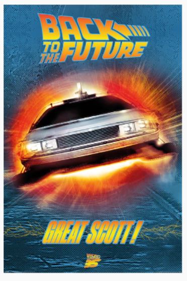 Introducing the "Back to the Future (Great Scott)" poster by MTV, showcasing a DeLorean car emitting bright light and flames, evoking high-speed excitement. The text "Back to the Future" boldly adorns the top while "Great Scott!" features prominently at the bottom, both in striking stylized fonts set against an electrifying blue and fiery backdrop. Part of our Hit Movie Poster collection, this piece is impeccably printed on premium 150gsm gloss paper.