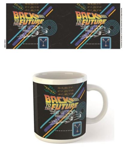 A featured piece from our Homewares Collection, the "Back to the Future Neon Mug" by Blue Dog Posters showcases a vibrant "Back to the Future" design. Adorned with colorful lines, a DeLorean car, and circular patterns around the text "Back to the Future," it offers both style and dishwasher safety. Duplicated sections of the design are shown above the mug.