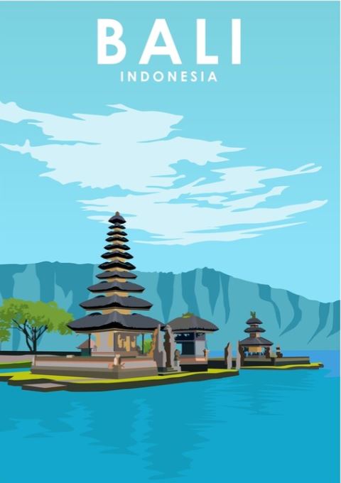 Illustration of Bali, Indonesia featuring a serene lake with a traditional Balinese temple with multi-tiered roofs in the foreground. Mountains and blue skies are visible in the background. Part of our Travel Prints Collection, this semi-gloss poster paper art print titled "Bali by Jorn Van Hezik" from TAP reads "BALI INDONESIA" at the top.
