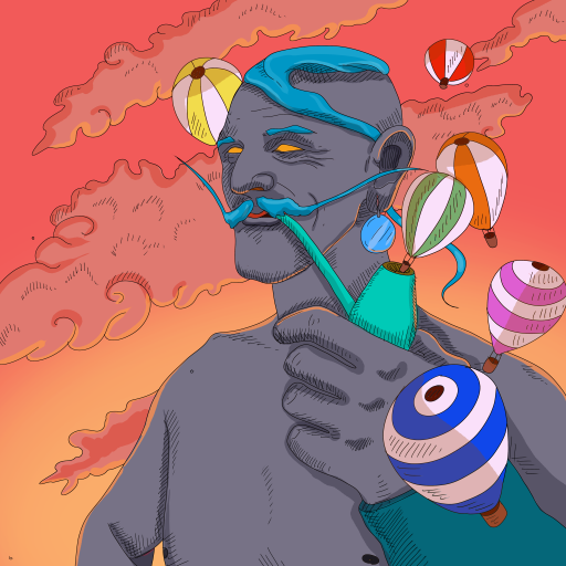 The "Balloons" art print by Anya Shcherban from GAL181's Featured Artists Collection showcases a blue-haired person with a mustache, holding a green balloon animal against orange clouds and floating candy-like objects under a warm orange sky, printed on matte art paper.