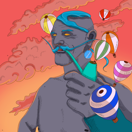 The "Balloons" art print by Anya Shcherban from GAL181's Featured Artists Collection showcases a blue-haired person with a mustache, holding a green balloon animal against orange clouds and floating candy-like objects under a warm orange sky, printed on matte art paper.