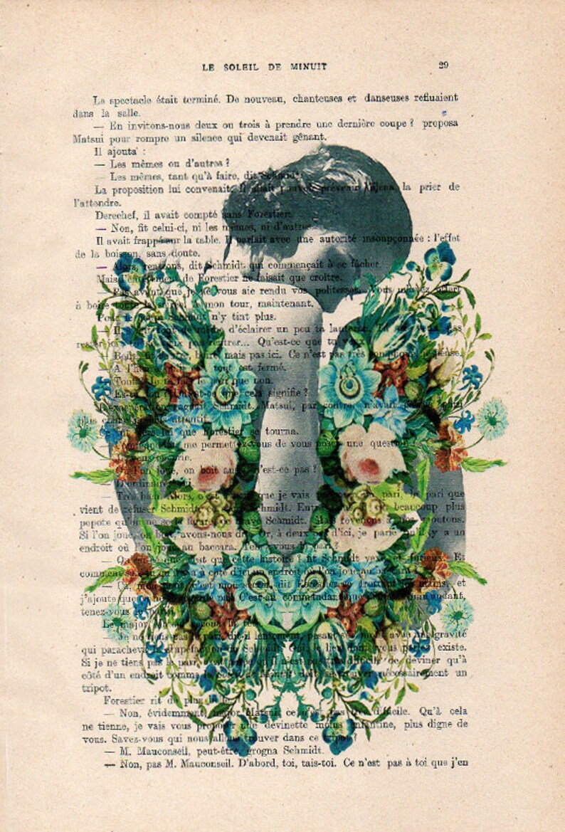 The Antique Book Print 15x21cm Bath Woman by Blue Dog Posters features a silhouette of a person superimposed on a vintage book page with French text. The figure is encircled by an intricate, colorful floral wreath showcasing blue, green, and yellow flowers. This artistic creation beautifully merges literary and botanical themes.