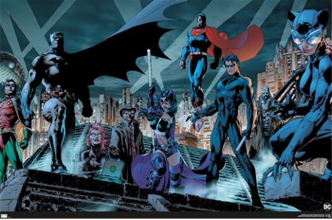 A group of superheroes gather on a rooftop at night against a cityscape backdrop. Characters include Batman, Superman, Nightwing, Catwoman, Batgirl, Robin, Huntress, and Commissioner Gordon. Each character is in their iconic costume and ready for action in this stunning DC Comics Batman Skyline poster from our MTV 362 Movies & TV Collection.