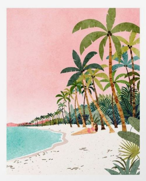 Beach Vibes by Tania Garcia from GAP illustrates a serene beach scene with a pink sky, tall green palm trees, and calm turquoise waters. A woman in a red swimsuit lounges under a palm tree on the sandy shore. Presented as an Art Print on premium archival paper from the Gallery Series, the overall mood is tranquil and tropical.