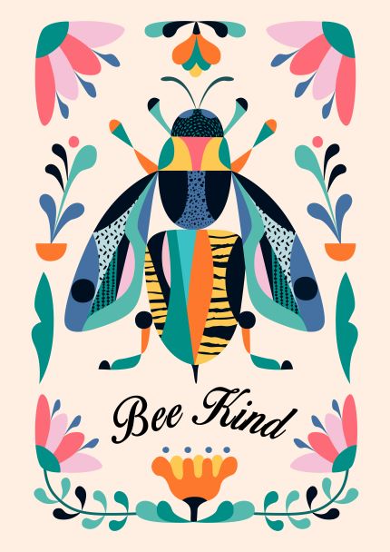 Bee Kind by Rachel Lee A5 from Blue Dog Posters features a vibrant, abstract bee encircled by lively floral designs in green, pink, orange, and blue hues. The phrase 'Bee Kind' is elegantly scripted below the bee in flowing cursive. As part of the Little Art series, this captivating piece makes a delightful addition to Deluxe Postcard Frames.