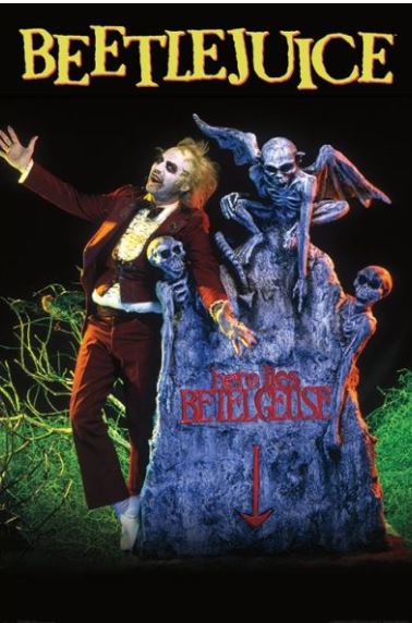 A man dressed as Beetlejuice stands next to a spooky grave covered with skulls. Large yellow letters spell out “BEETLEJUICE” atop this MTV Beetle Juice - Grave poster, perfect for any Movies & TV collection.